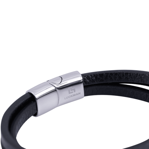 LUCKMAN Pulsera Hombre Acero Inoxidable Color Plata , Brazalete de Cuero Piel Vegana y Broche Magnético - Modelo Max