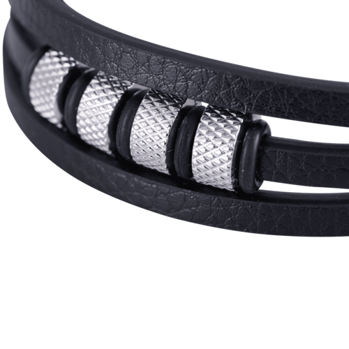 LUCKMAN Pulsera Hombre Acero Inoxidable Color Plata , Brazalete de Cuero Piel Vegana y Broche Magnético - Modelo Max