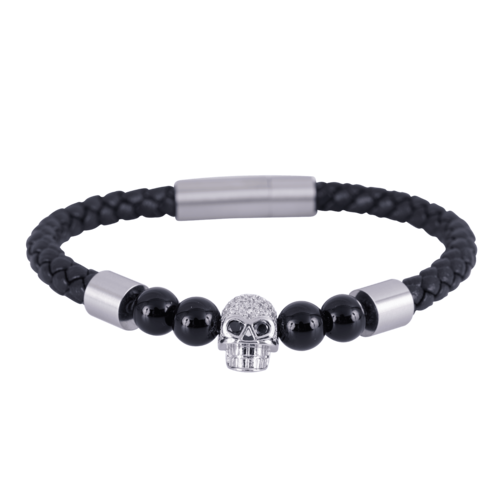 LUCKMAN Pulsera Hombre de Calavera con Zirconias y Piedra Obsidiana Negra , Brazalete de Cuero Piel Vegana y Acero Inoxidable, Broche Magnético - Modelo Greg