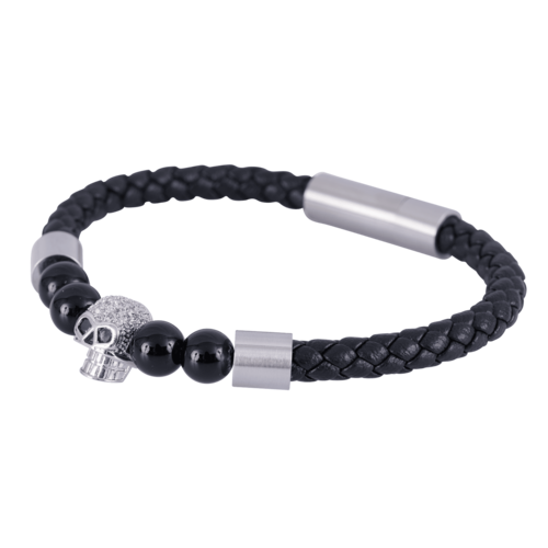 LUCKMAN Pulsera Hombre de Calavera con Zirconias y Piedra Obsidiana Negra , Brazalete de Cuero Piel Vegana y Acero Inoxidable, Broche Magnético - Modelo Greg