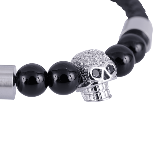 LUCKMAN Pulsera Hombre de Calavera con Zirconias y Piedra Obsidiana Negra , Brazalete de Cuero Piel Vegana y Acero Inoxidable, Broche Magnético - Modelo Greg