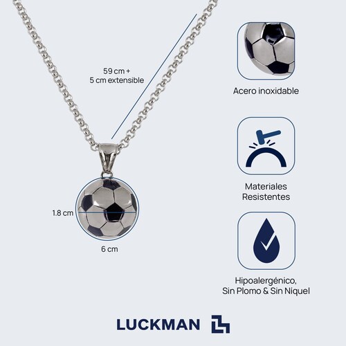 LUCKMAN Collar Hombre de Balón de Fútbol Soccer, Cadena con Dije, Acero Inoxidable Color Plata - Modelo Mondo