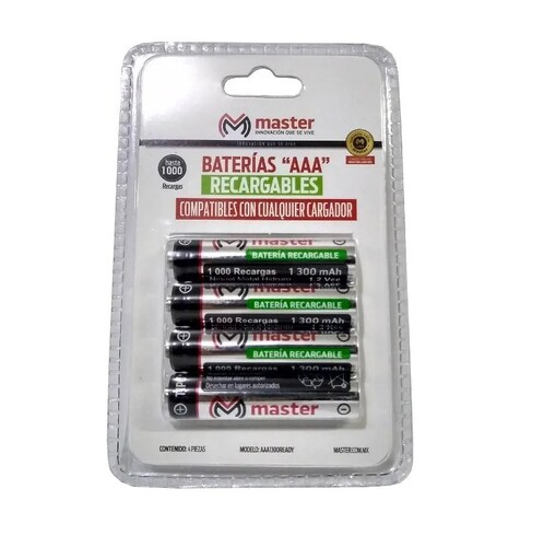 Paquete de 4 Baterias Recargables AAA con Capacidad de Carga de 1000 mAh /  Master / AAA-4X1000