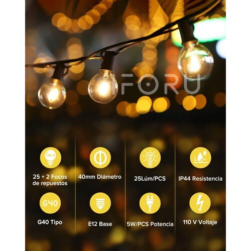 Guirnalda De Luces 25 Focos Vintage Impermeable 7.6m Navidad.