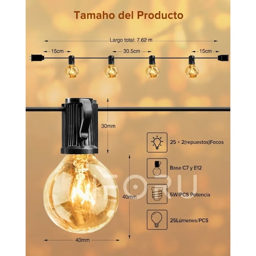 Guirnalda De Luces 25 Focos Vintage Impermeable 7.6m Navidad.