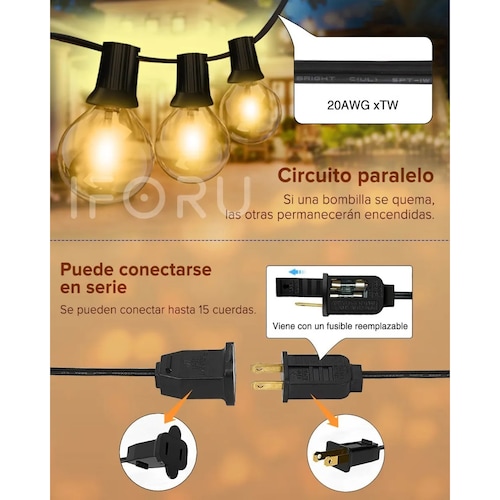 Guirnalda De Luces 25 Focos Vintage Impermeable 7.6m Navidad.