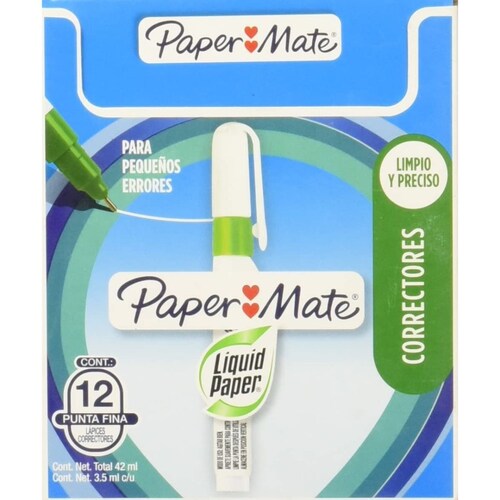 Corrector líquido Paper Mate Tipo Pluma en Tamaño Pequeño, 3.5 ml, Secado Rápido 12pack