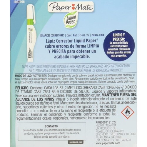 Corrector líquido Paper Mate Tipo Pluma en Tamaño Pequeño, 3.5 ml, Secado Rápido 12pack
