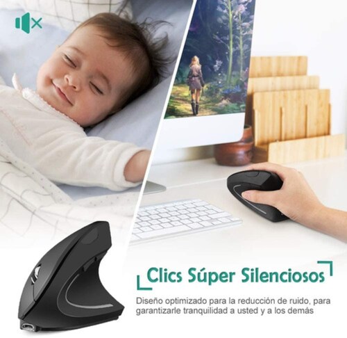 Mouse Ratón Vertical Inalámbrico Ergonómico Recargable 2.4g Negro con Gris