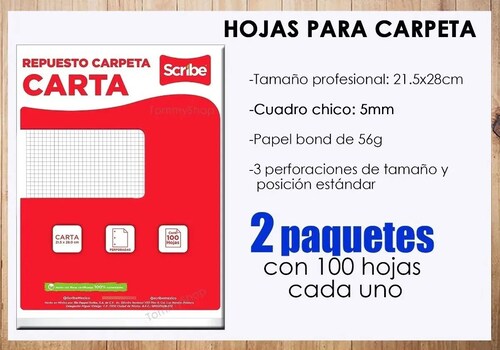 Hojas De Repuesto Para Carpeta Cuadro Chico Tamaño Carta 3 Orificios.
