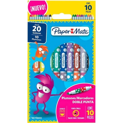 Paper mate Plumones punta cónica, marcadores de doble punta con 10 piezas, colores brillantes