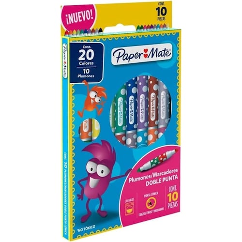Paper mate Plumones punta cónica, marcadores de doble punta con 10 piezas, colores brillantes