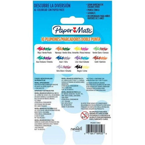 Paper mate Plumones punta cónica, marcadores de doble punta con 10 piezas, colores brillantes
