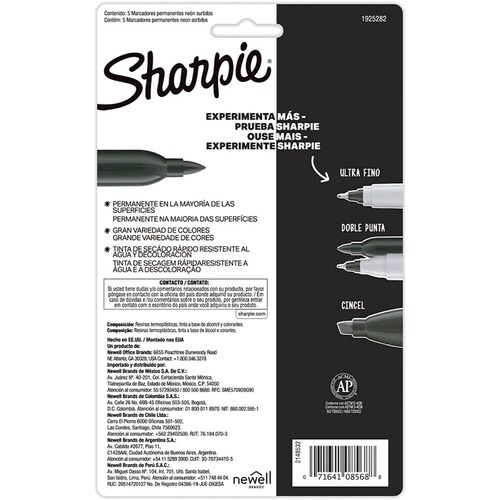 Sharpie Marcador Neon Permanente Punto Fino, 5 Colores Surtidos