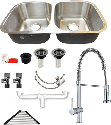 Kit de Tarja Doble de Acero Inoxidable con Mezcladora Monomando y Escurridor de Platos – Ideal para Cocinas Modernas y Espaciosas