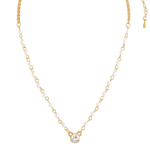 COLLAR NICE 4 BAÑOS DE ORO DE 18K CON PIEDRA COLOR CRISTAL Y PERLAS