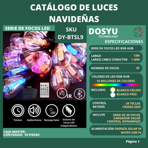 Serie Focos Vintage Exterior Decorativos 13 Metros 30 focos RGBHUB SOLAR DOSYU