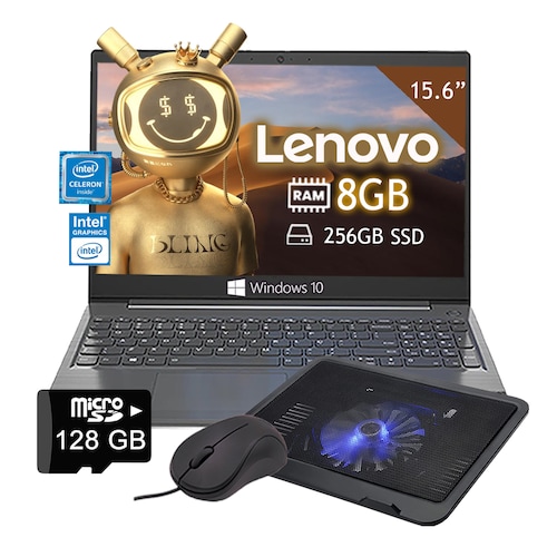 Laptop Lenovo V15-IGL Intel Celeron N4020 15.6''  SSD 256GB/ 8GB Windows 10 - Gris + Base Enfriadora+ Microsd 128GB + Mouse 