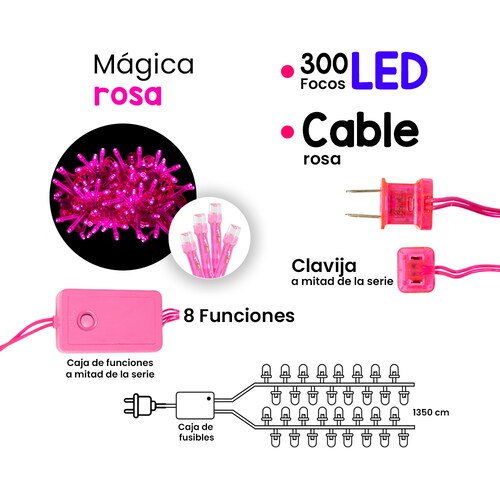 Serie de Luces Decorativa  Luz Led Rosa 300 Focos 8 Funciones Cable Rosa Plástico 13 m