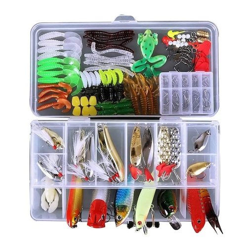 Kit de pesca con caja de aparejos de pesca, incluye señuelo animado,  crankbaits, spinnerbaits, gusanos de plástico suave, señuelos de agua  superior