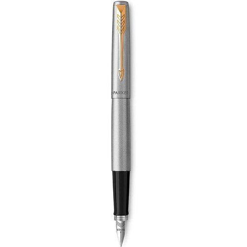 Pluma Estilográfica PARKER Jotter, Eje de Acero Inoxidable con Adornos Dorados, Tinta Azul