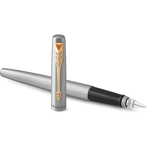 Pluma Estilográfica PARKER Jotter, Eje de Acero Inoxidable con Adornos Dorados, Tinta Azul