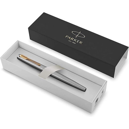 Pluma Estilográfica PARKER Jotter, Eje de Acero Inoxidable con Adornos Dorados, Tinta Azul