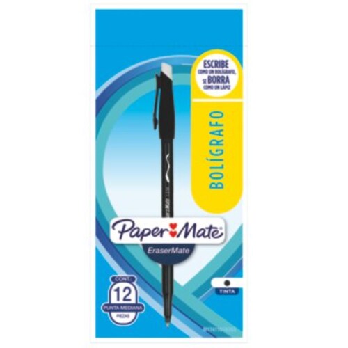 Paper Mate EraserMate Bolígrafo borrable, punta media, negro, 12 unidades