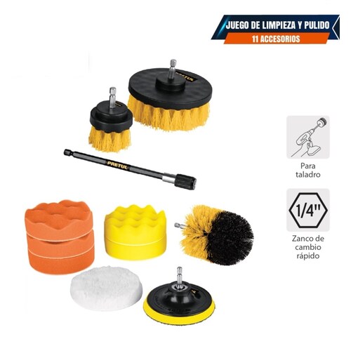 Cepillos Juego 11 accesorios de limpieza y pulido p/taladro de AUTO , Pretul.