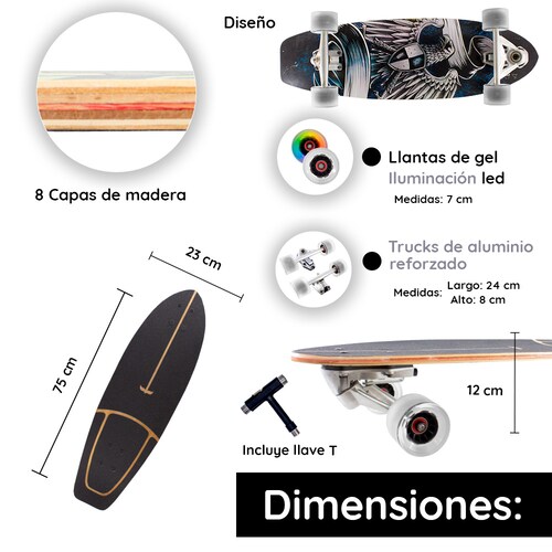 Patineta Semiprofesional Cruiser Surf Madera 75 Cm Con Llave Diseño Aguila