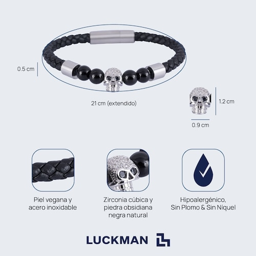 LUCKMAN Pulsera Hombre de Calavera con Zirconias y Piedra Obsidiana Negra , Brazalete de Cuero Piel Vegana y Acero Inoxidable, Broche Magnético - Modelo Greg