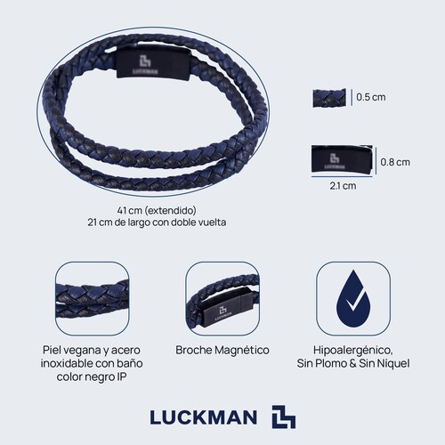LUCKMAN Pulsera Hombre Doble Vuelta, Brazalete de Cuero Piel Vegana , Acero Inoxidable Color Negro y Broche Magnético - Modelo Kent