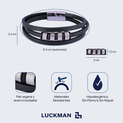 LUCKMAN Pulsera Hombre Acero Inoxidable Color Plata , Brazalete de Cuero Piel Vegana y Broche Magnético - Modelo Max