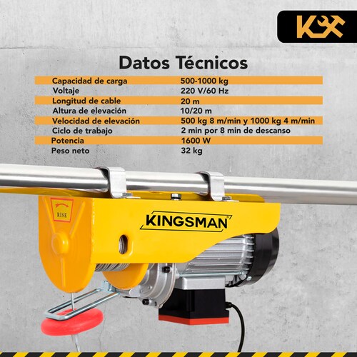 Polipasto Electrico Inalambrico Cable 20m 500 1000 Kg 220v