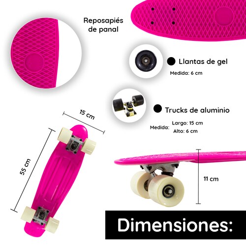 Patineta Skate Penny Clásica Rosa Llantas Blanca Caras Lisas Poliuretano