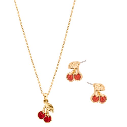 Set Collar y Aretes Color Oro Dije Cereza Moda Mujer Joyería NICE
