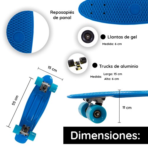 Patineta Skate Penny Clásica Llantas Azul Caras Lisas Poliuretano