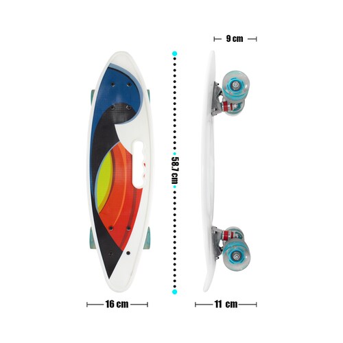 Patineta Skate Penny Surf Agarradera Estampada Ondas Blanco Llantas Luz Led