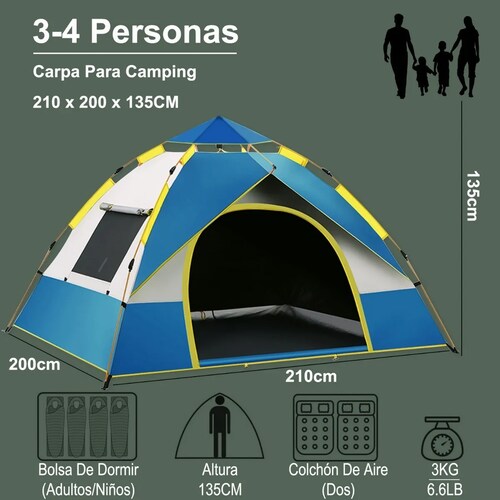 TIENDA DE CAMPAÑA para 4 Personas Impermeable Acampar Camping