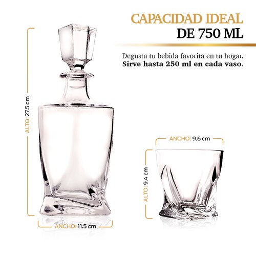 Vasos de Vidrio whiskey town Whisky (4 Pz) con Decantador de Cristal