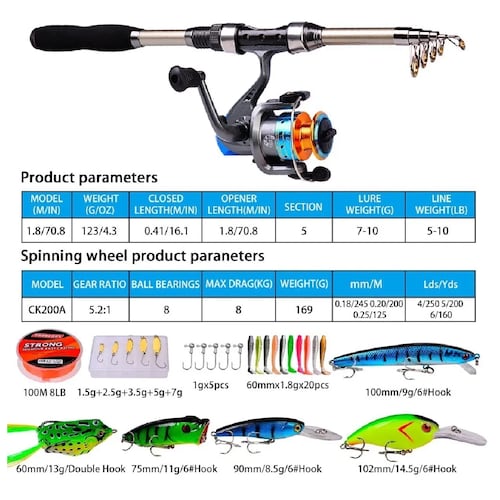 Kit Pesca 1.8m Caña Carrete Señuelo Accesorio Bolsa Completo