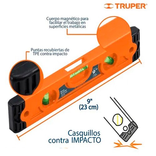 Nivel torpedo de 9" magnético cuerpo de ABS, Truper