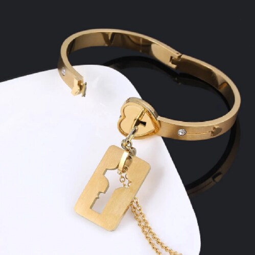 Pulsera y Collar Pareja Corazon Llave Acero Inoxidable Dorado 