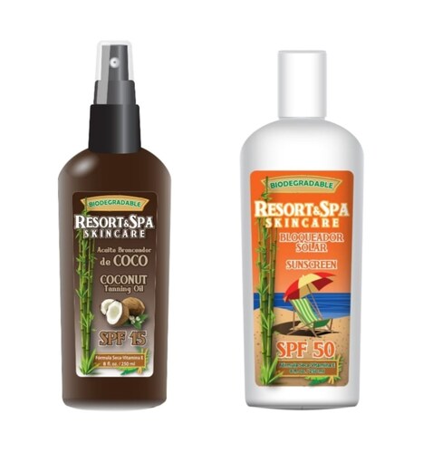 PAQUETE 2 PIEZAS: 1 Bloqueador Solar SPF 50 250 ml y 1 Aceite Bronceador de Coco SPF 15 250 ml Biodegradable, Orgánico y Natural.