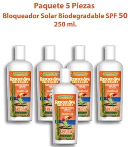 5 Piezas, Bloqueador Solar SPF 50 250 ml Biodegradable, Organico y Natural.