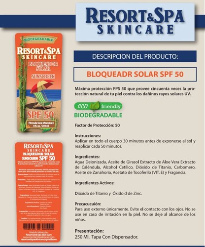5 Piezas, Bloqueador Solar SPF 50 250 ml Biodegradable, Organico y Natural.