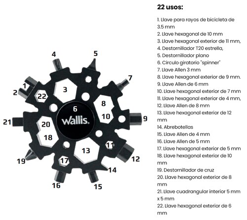 Multiherramienta universal portátil Wallis, 22 usos, acero inoxidable negro