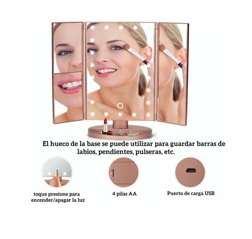 Espejo Luz Led Organizador Maquillaje Touch Baño Recargable
