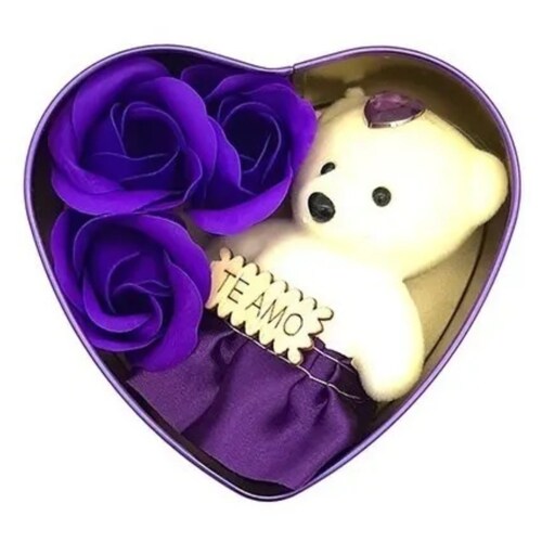 Corazon De Lata Morada Con Osito Decorativo Y Rosas De Jabón Regalo