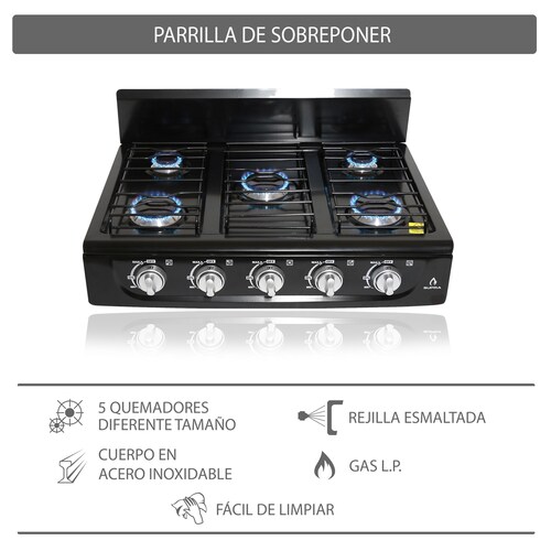 Parrilla 5 Quemadores De Sobreponer Supra Cubierta Acero Negra